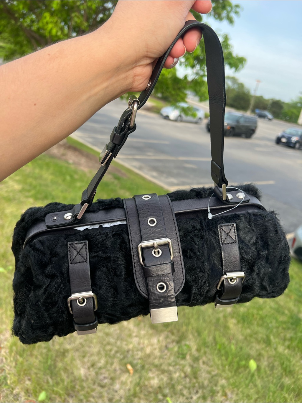 Cynthia Rowley Black Curly Fur Handbag Shoulder Bag Leather Accents